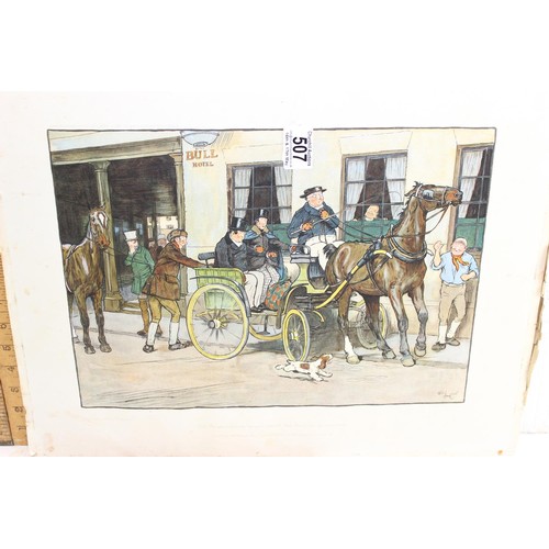 507 - After Cecil Aldin, The Pickwickians Start From the Bull at Rochester, coloured print