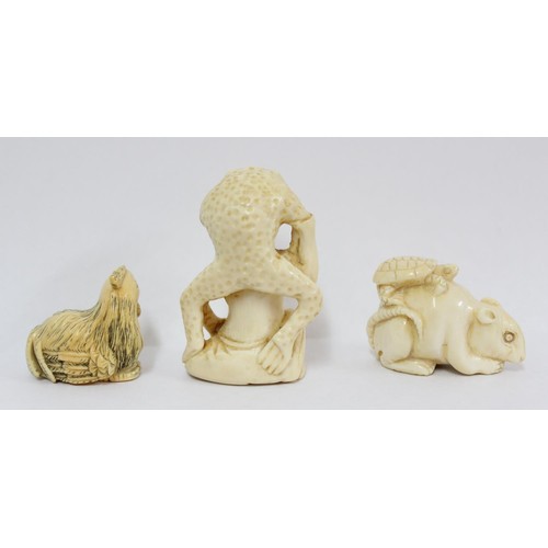 1611 - 3 Japanese carved netsukes, male with giant toad, cockerel & rat with tortoise, largest approx 55mm ... 