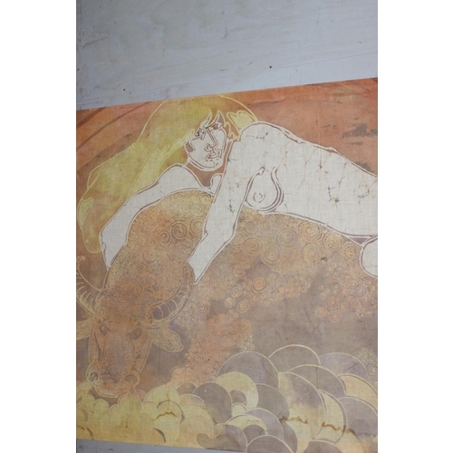 488 - A large fabric screen print of a nude lady on bull, indistinctly signed lower right