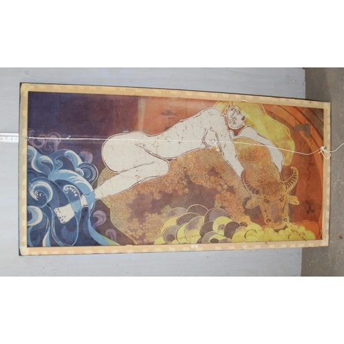 488 - A large fabric screen print of a nude lady on bull, indistinctly signed lower right