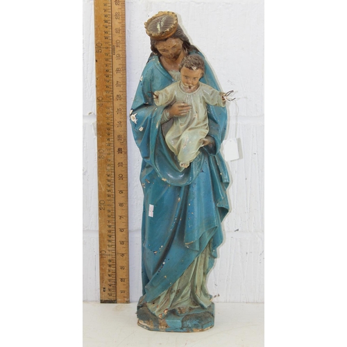 1700 - A 19th century painted plaster and wooden figure of the Virgin Mary and Baby Jesus, small indistinct... 