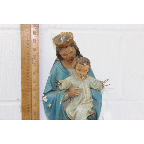 1700 - A 19th century painted plaster and wooden figure of the Virgin Mary and Baby Jesus, small indistinct... 