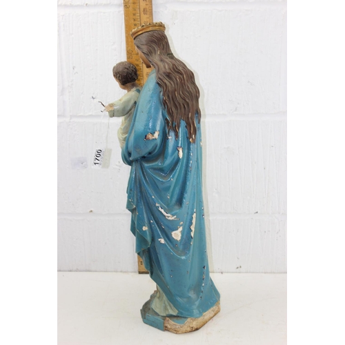 1700 - A 19th century painted plaster and wooden figure of the Virgin Mary and Baby Jesus, small indistinct... 