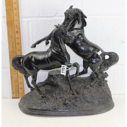 1701 - A large 19th century bronzed figure of rearing horses, indistinctly signed to reverse