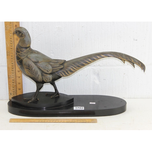 1702 - In the manner of Rene Papa, a large Art Deco style patinated bronze model of a pheasant on 2 step ba... 