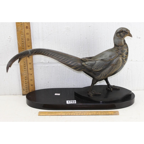 1702 - In the manner of Rene Papa, a large Art Deco style patinated bronze model of a pheasant on 2 step ba... 