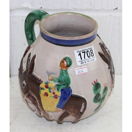 1708 - A vintage Italian pottery jug decorated in relief with Donkeys