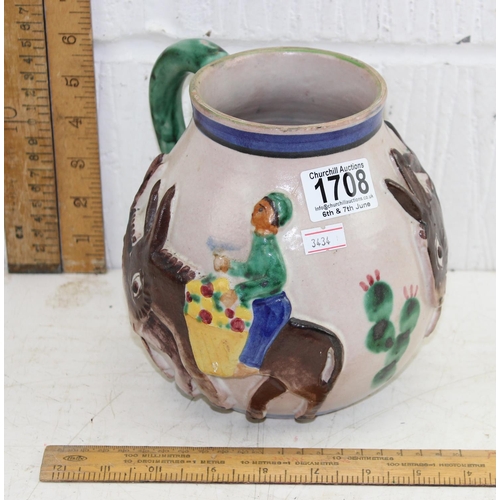 1708 - A vintage Italian pottery jug decorated in relief with Donkeys