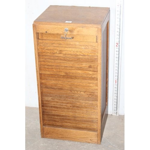 21 - Vintage oak tambour fronted filing cabinet with key