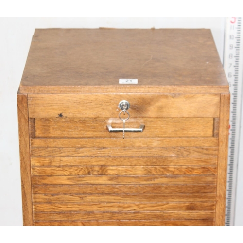 21 - Vintage oak tambour fronted filing cabinet with key