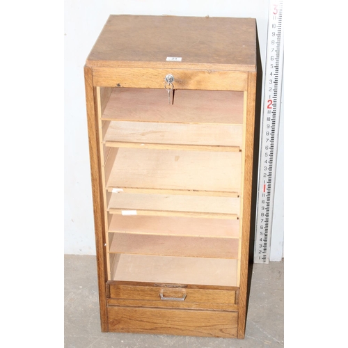 21 - Vintage oak tambour fronted filing cabinet with key