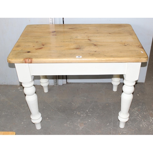 44 - Small pine farmhouse kitchen table with white painted base, approx 100cm x 70cm