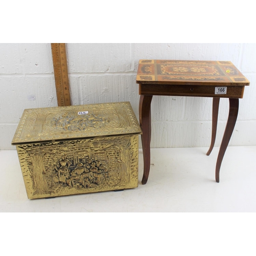 166 - Musical wooden sewing box and brass covered coal box