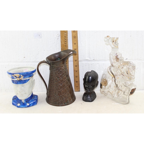 1893 - Qty of interesting misc items to inc Copper jug, wooden carving, knight bottle and character jug