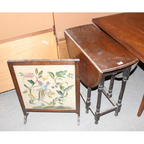 33A - Vintage oak dropleaf table & a tapestry embroidered fire screen