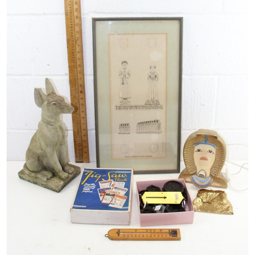 1895 - Qty of assorted misc items to inc stone Egyptian type figure and a box of assorted mixed glassware