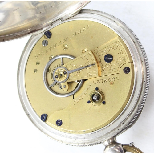 1403 - Silver cased open face pocket watch, Birmingham 1885, Waltham movement, brass cased pocket watch cas... 