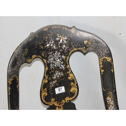 60 - A Victorian black japanned papier mache spoon back chair with pierced back splat, drop in upholstere... 