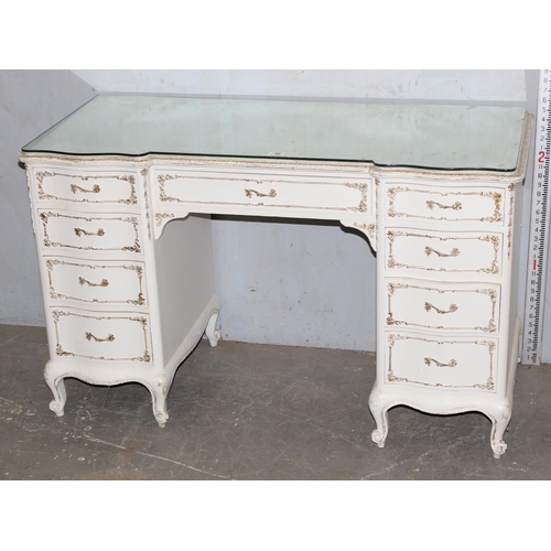 46 - A French style white painted desk or dressing table with mirrored glass top