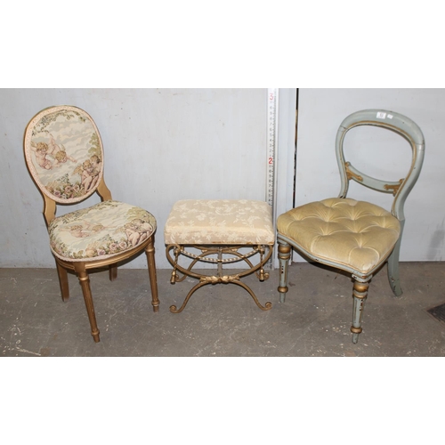 53 - 2 antique French style painted chairs and a gilt metal framed footstool