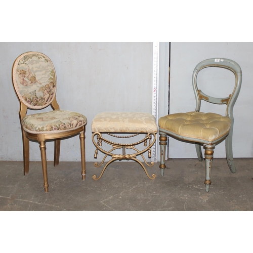 53 - 2 antique French style painted chairs and a gilt metal framed footstool