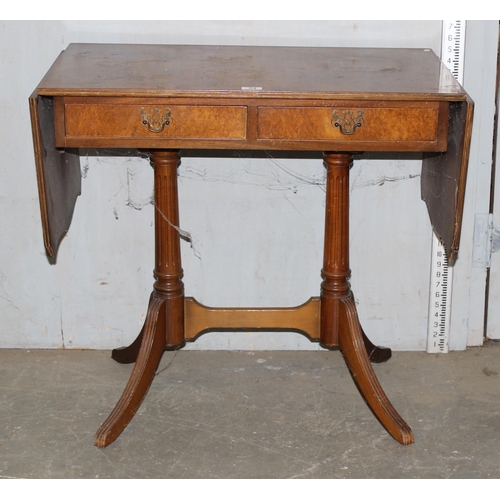 54 - Antique style walnut drop end sofa table with 2 drawers