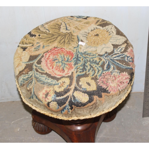148 - Antique mahogany piano stool with tapestry top