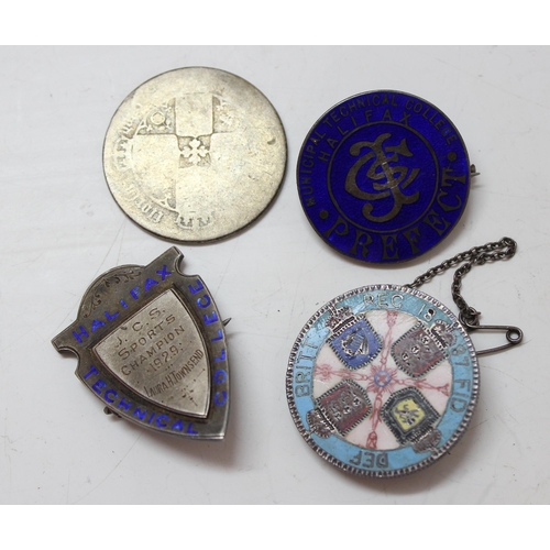 1322 - Coins, Victorian gothic head florin, rubbed, 1887 enamelled coin brooch & 2 Halifax related silver b... 