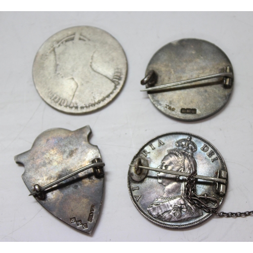 1322 - Coins, Victorian gothic head florin, rubbed, 1887 enamelled coin brooch & 2 Halifax related silver b... 