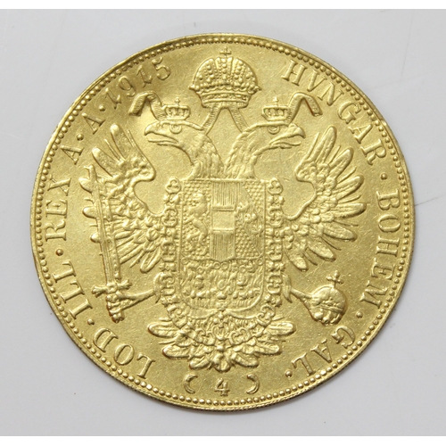 1329 - Coins, Austria, a 4 Ducat gold coin dated 1915, approx 13.9g gross weight, approx 40mm diameter, .98... 