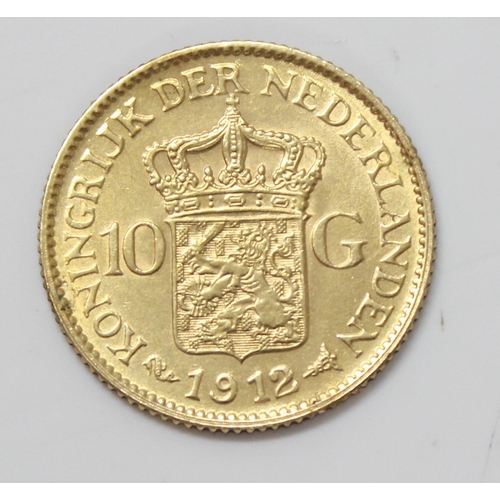 1333 - Coins, Netherlands, a 10 Guilder gold coin dated 1912, approx 6.8g gross weight, approx 23mm diamete... 