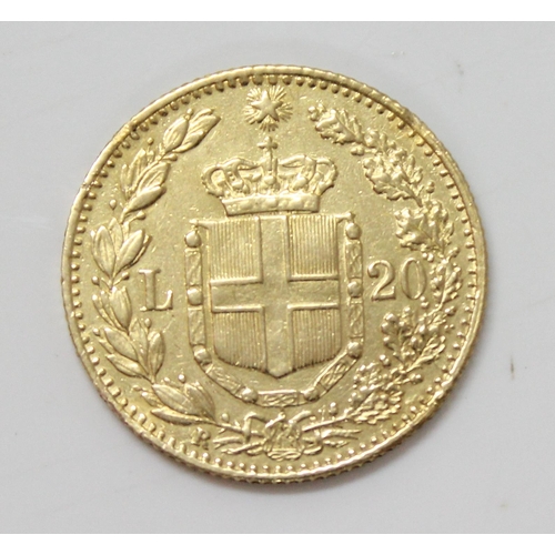 1334 - Coins, Italy, a 20 Lira gold coin dated 1882, approx 6.6g gross weight, approx 21mm diameter, .900 g... 