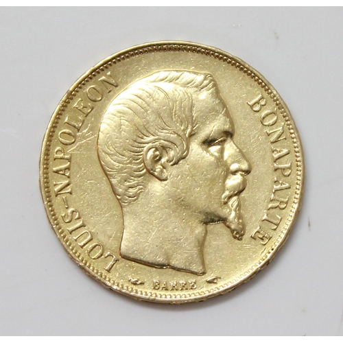 1335 - Coins, France, a 20 Franc gold coin dated 1852, approx 6.6g gross weight, approx 21mm diameter, .900... 