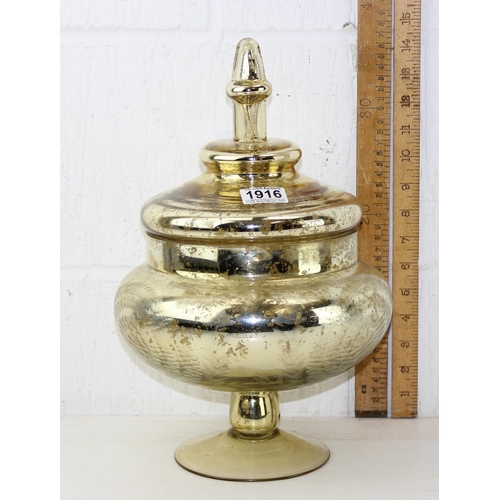 1912 - A large apothecary type distressed gold glass bowl with lid