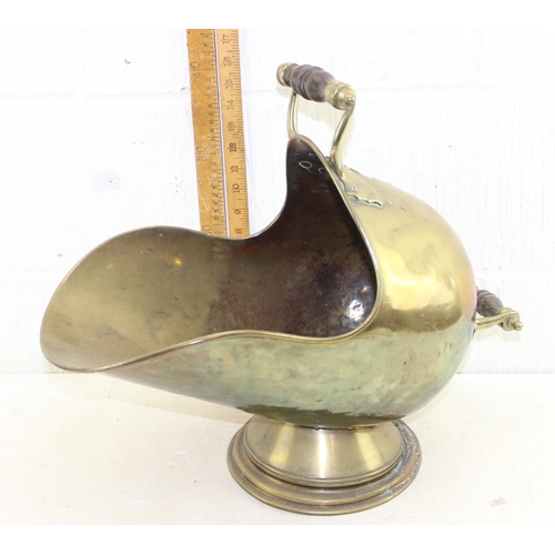 1913 - Antique brass coal scuttle with wooden handle