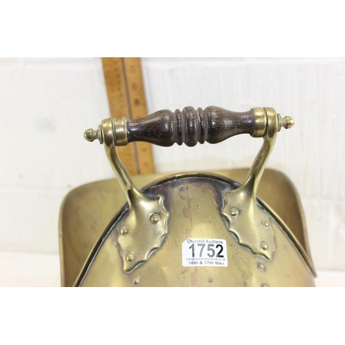 1913 - Antique brass coal scuttle with wooden handle