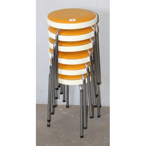 1 - A set of 6 retro stacking stools by Chair Centre, dated January 1972, with mustard coloured seats, c... 