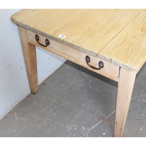 10 - A large antique pine country farmhouse kitchen table with drawer, approx 170cm x 87cm