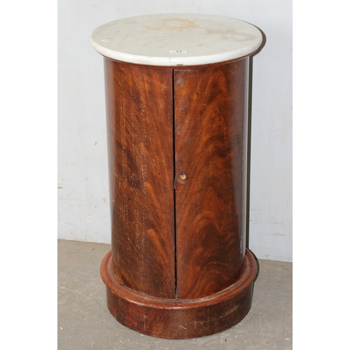 33 - An antique cylindrical shaped pot cupboard with marble top