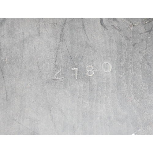 36 - A Victorian ebonised table in the manner of Liberty & Co with splayed legs, stamped number to base