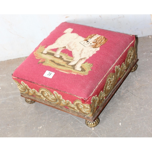 39 - 2 small antique footstools, one with tapestry top and brass feet