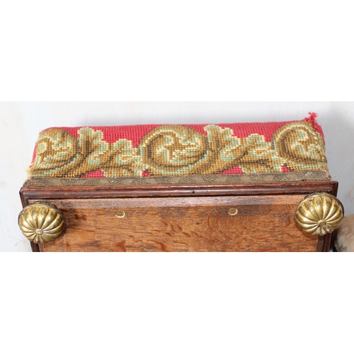 39 - 2 small antique footstools, one with tapestry top and brass feet