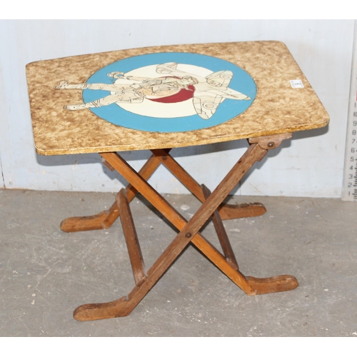 6 - An unusual vintage folding table or fire screen with painted and carved details of RAF roundel, pilo... 