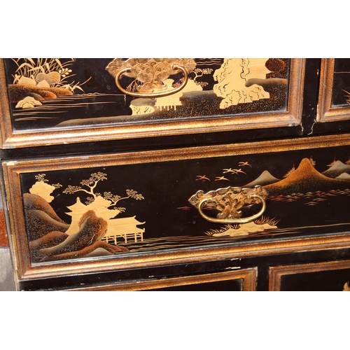 8 - An antique Japanese lacquered cabinet on stand with brass fittings and original key, likely c.1800 o... 