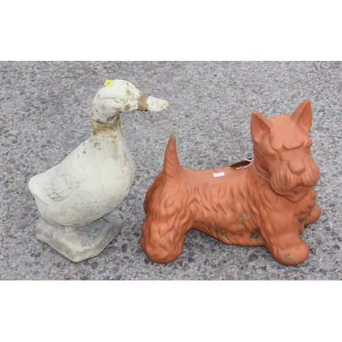 378A - Concrete duck and terracotta Scottie dog