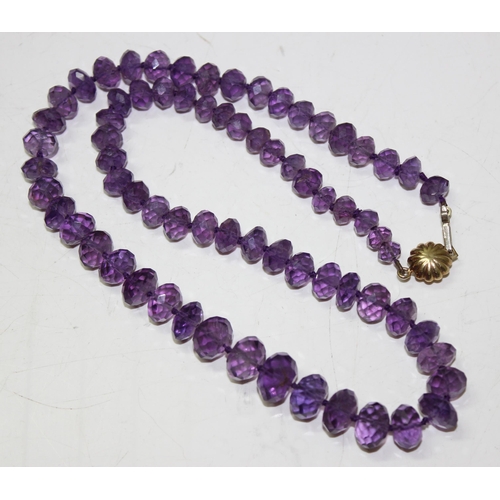 1226A - 2 faux pearl necklaces, one with silver clasp and an amethyst cut glass bead necklace with 9ct gold ... 