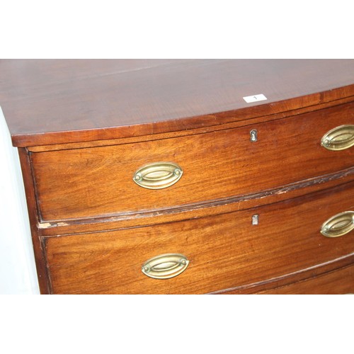 1 - A Regency mahogany bowfront chest of three long drawers on bracket feet, approx 86cm wide