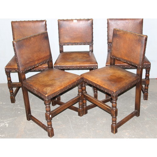 14 - A set of 5 17th century style leather and oak chairs