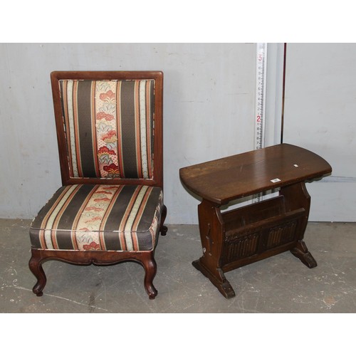 24 - Antique style low chair and an oak magazine rack table (2)