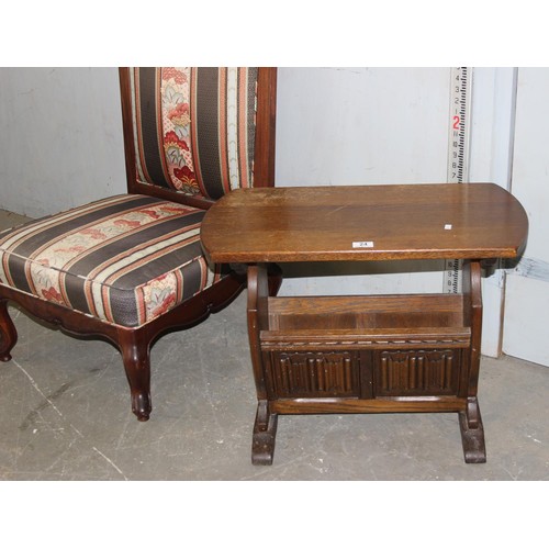 24 - Antique style low chair and an oak magazine rack table (2)